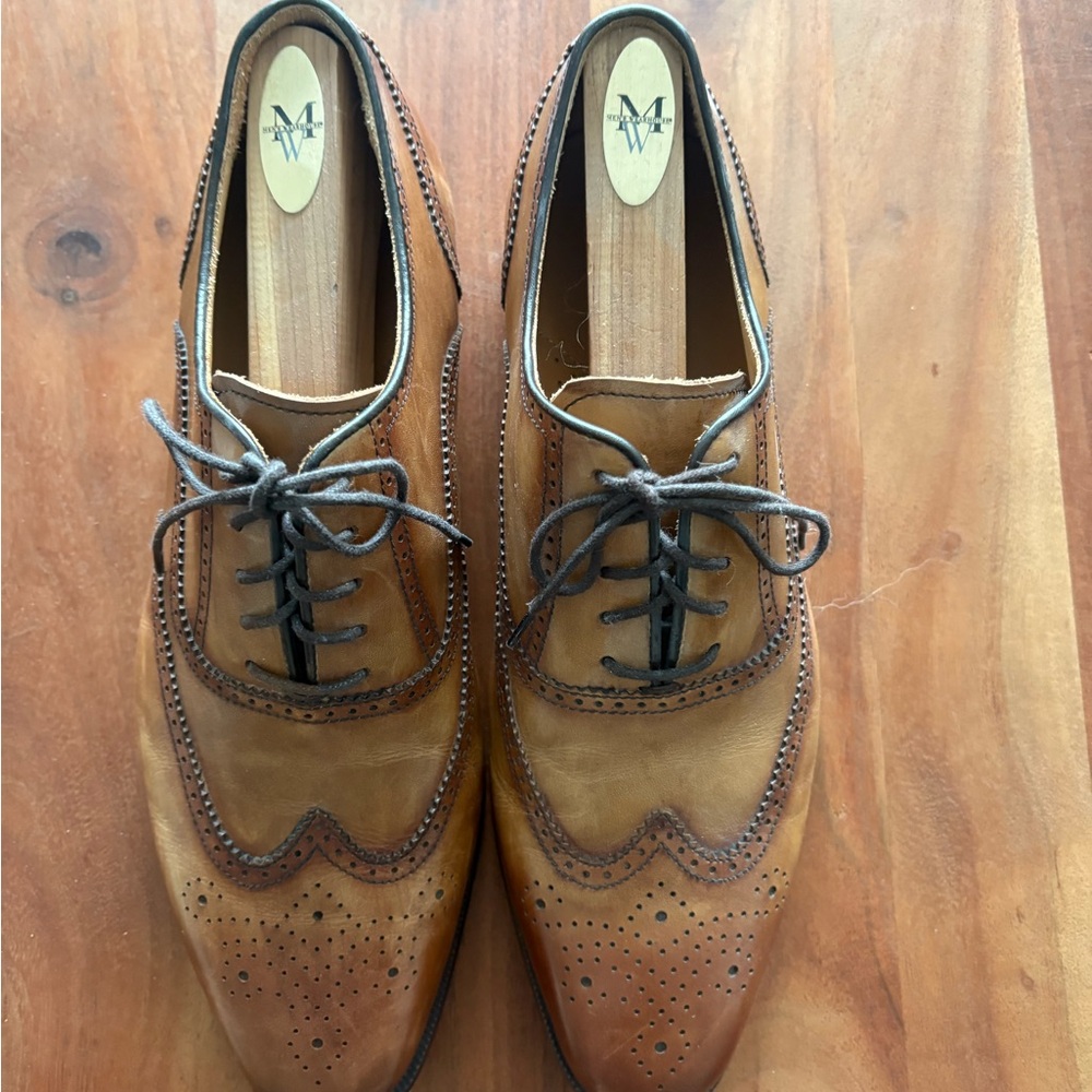 Tan/Brown Leather Wingtip Oxfords with Dark Laces